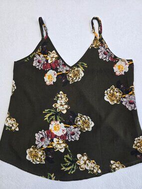 Floral V-Neck Spaghetti Strap Tank Top XS Boho Olive Green Cottage Core